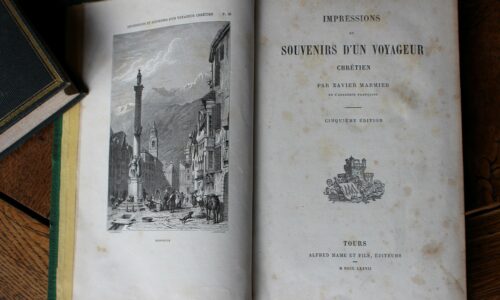 Wewnątrz dwa drzeworyty przedstawiające Innsbruck oraz Bejrut autorstwa Johna Quartleya. [MARMIER, Xavier; Impressions et souvenirs d'un voyageur chrétien...]